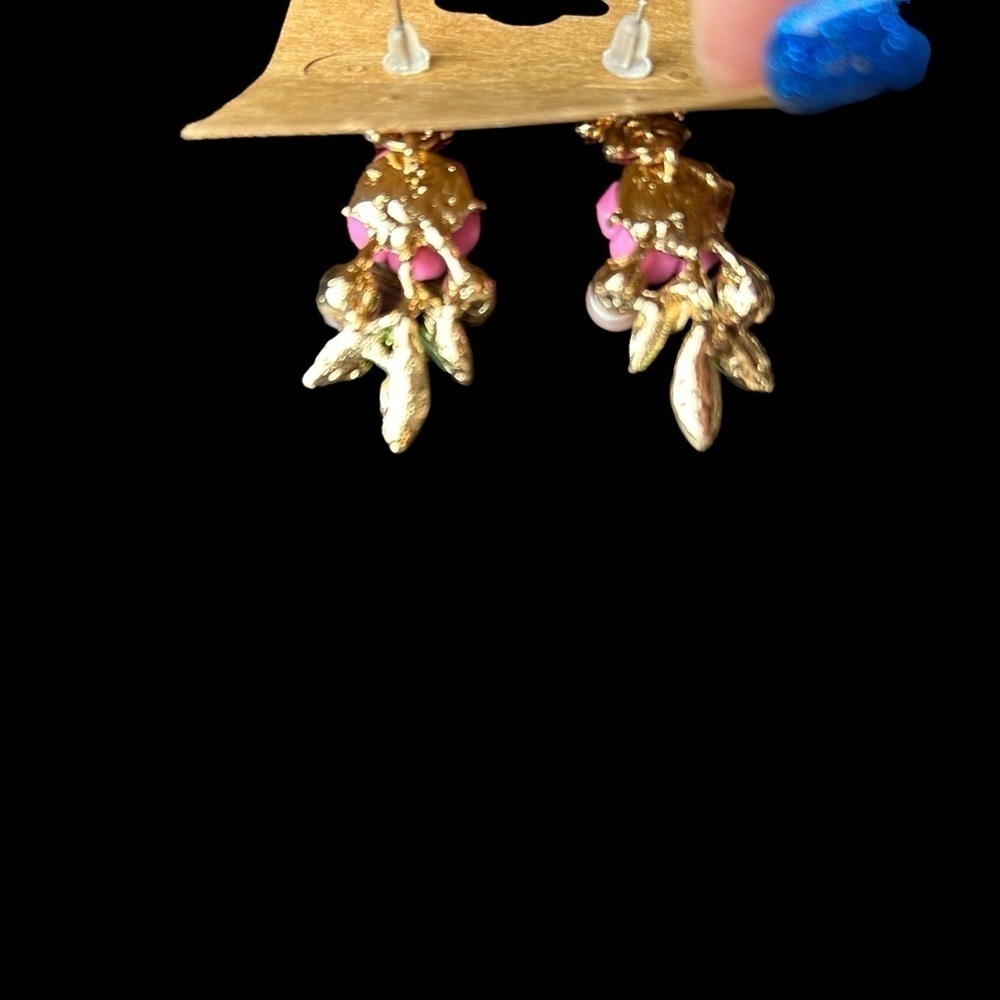 Pink Flower Rose Cluster Necklace Earring Set w/ Faux Pearl & Rhinestone Accents - Picture 9 of 15